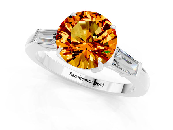White gold Round Cut Citrine Three-Stone Ring with Tapered Baguette Side Stones and Prong Setting