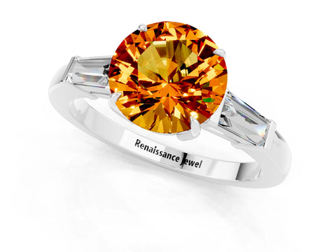 White gold Round Cut Cut Diamond Ring with Tapered Baguette Side Stones in Four-Prong Setting_1