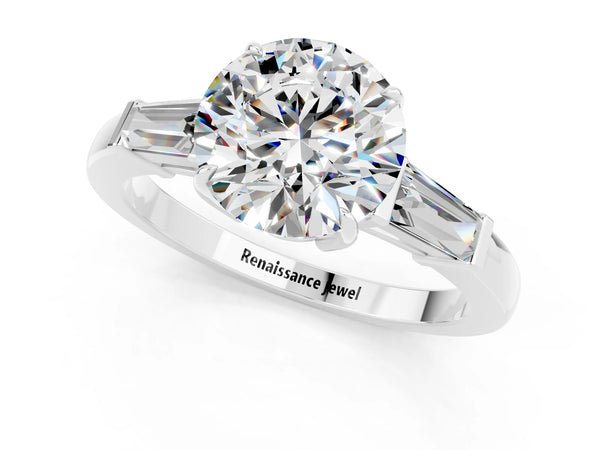 White gold Round Cut Moissanite Three-Stone Ring with Tapered Baguette Side Stones and Prong Setting