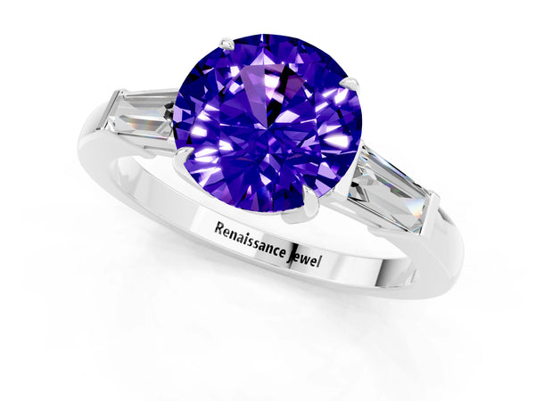 White gold Round Cut Tanzanite Three-Stone Ring with Tapered Baguette Side Stones and Prong Setting