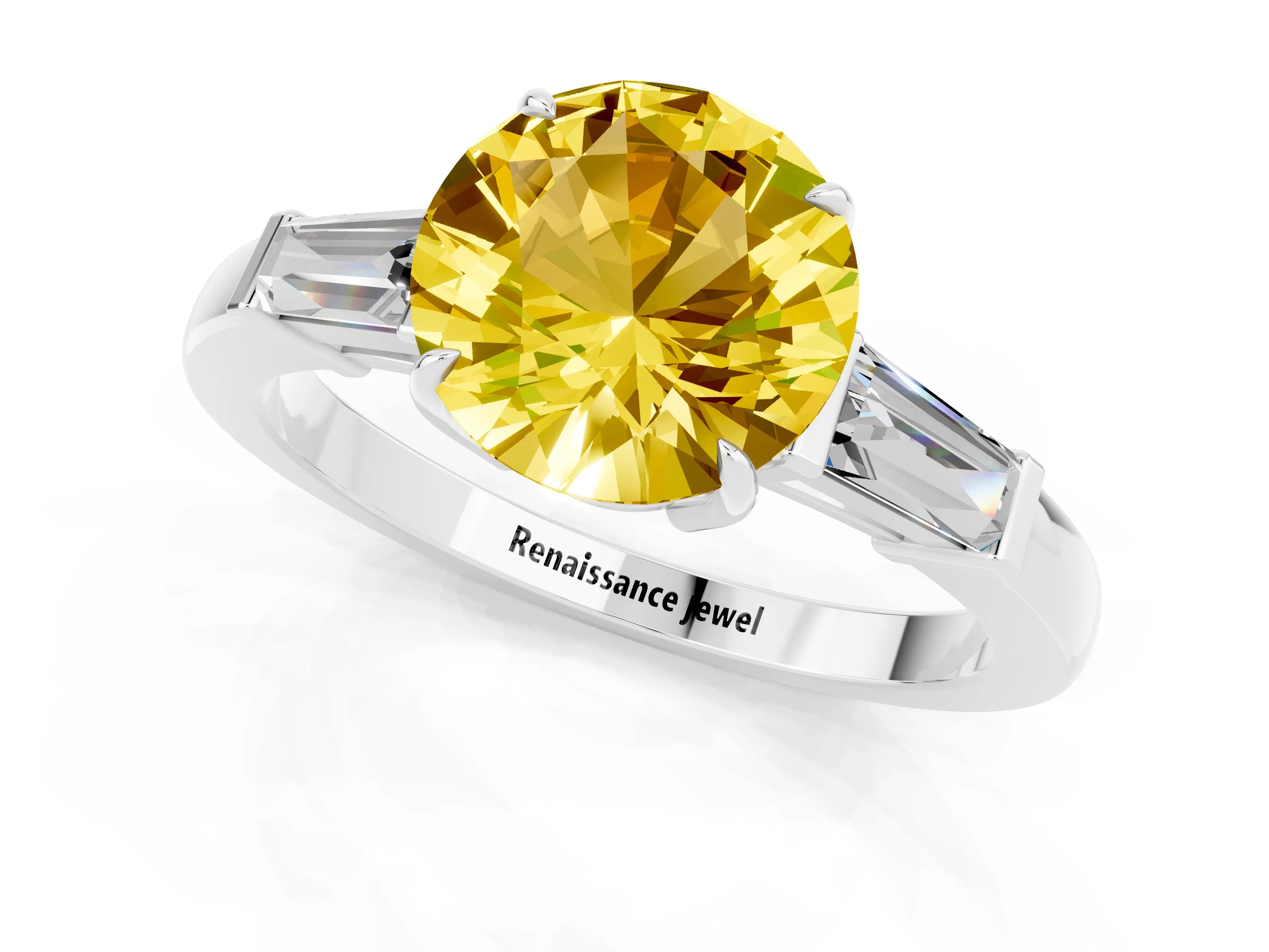 White gold Round Cut Cut Diamond Ring with Tapered Baguette Side Stones in Four-Prong Setting_1