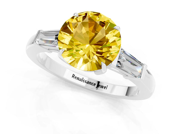 Platinum Round Cut Yellow Sapphire Three-Stone Ring with Tapered Baguette Side Stones and Prong Setting