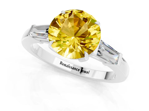 White gold Round Cut Cut Diamond Ring with Tapered Baguette Side Stones in Four-Prong Setting_1