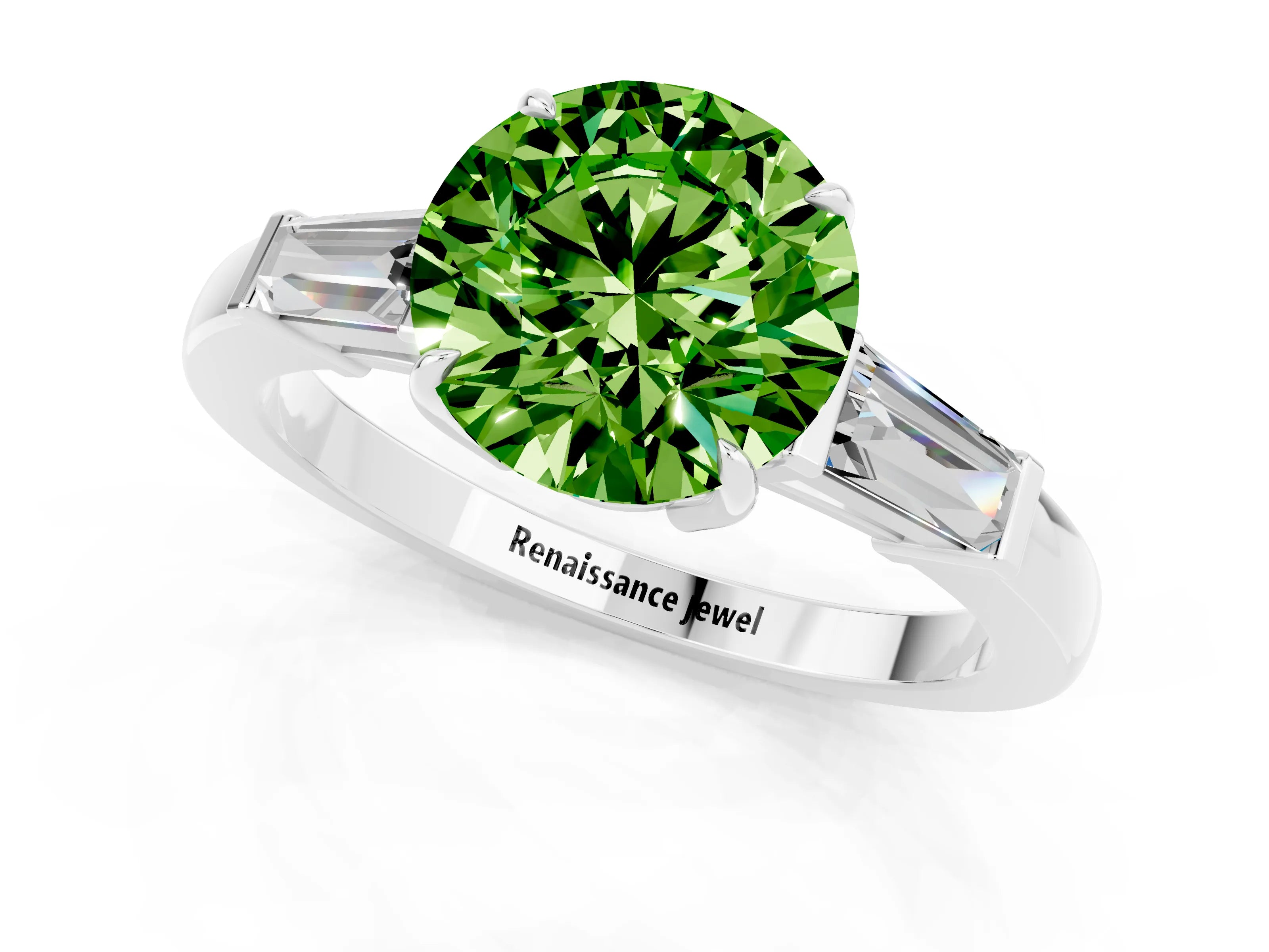 White gold Round Cut Cut Diamond Ring with Tapered Baguette Side Stones in Four-Prong Setting_1