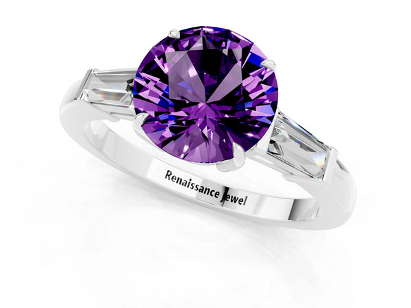 Platinum Round Cut Amethyst Three-Stone Ring with Tapered Baguette Side Stones and Prong Setting