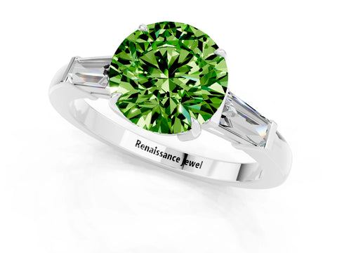 White gold Round Cut Cut Diamond Ring with Tapered Baguette Side Stones in Four-Prong Setting_1