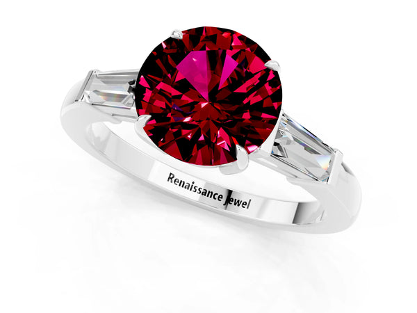 Platinum Round Cut Garnet Three-Stone Ring with Tapered Baguette Side Stones and Prong Setting