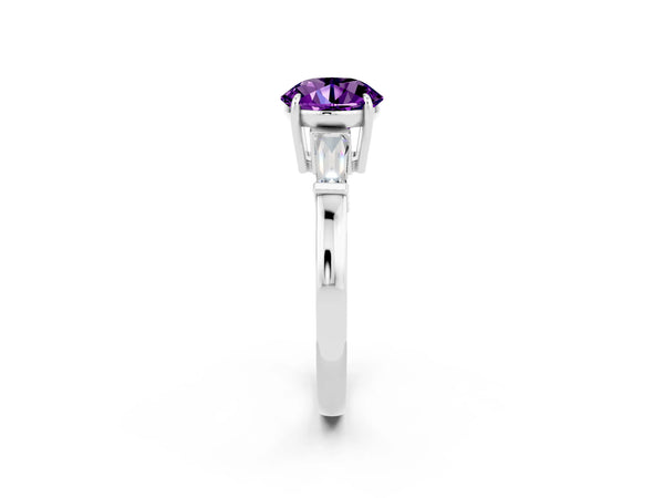 Platinum Round Cut Amethyst Three-Stone Ring with Tapered Baguette Side Stones and Prong Setting
