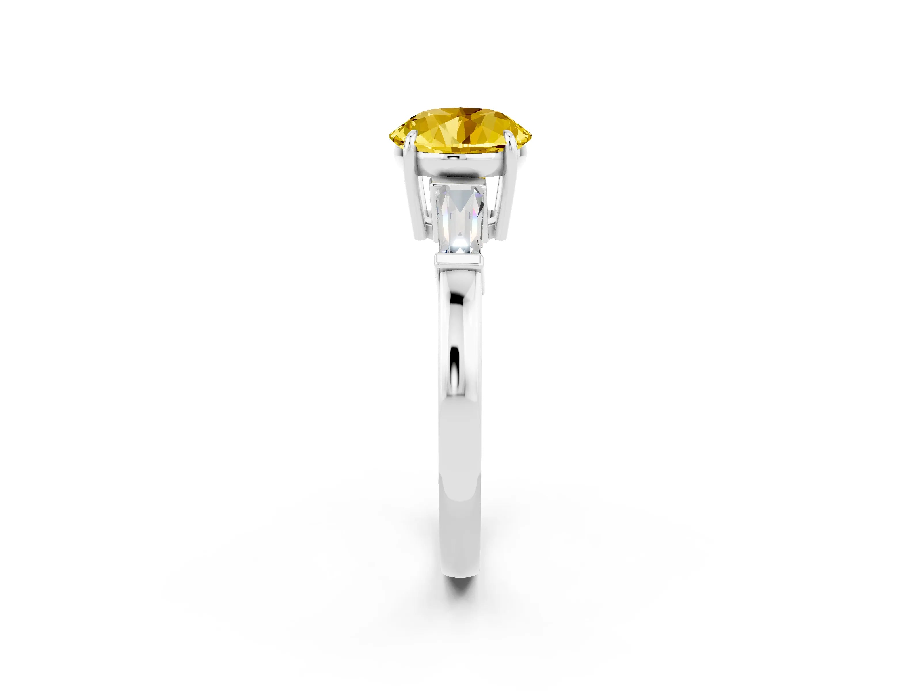 White gold Round Cut Cut Diamond Ring with Tapered Baguette Side Stones in Four-Prong Setting_2