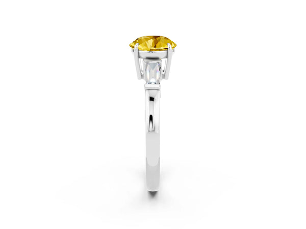 Platinum Round Cut Yellow Sapphire Three-Stone Ring with Tapered Baguette Side Stones and Prong Setting