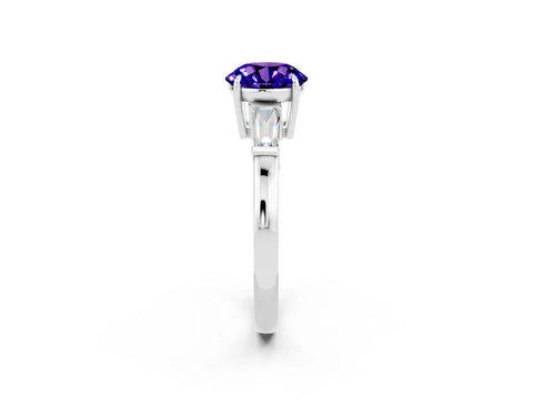 White gold Round Cut Cut Diamond Ring with Tapered Baguette Side Stones in Four-Prong Setting_2