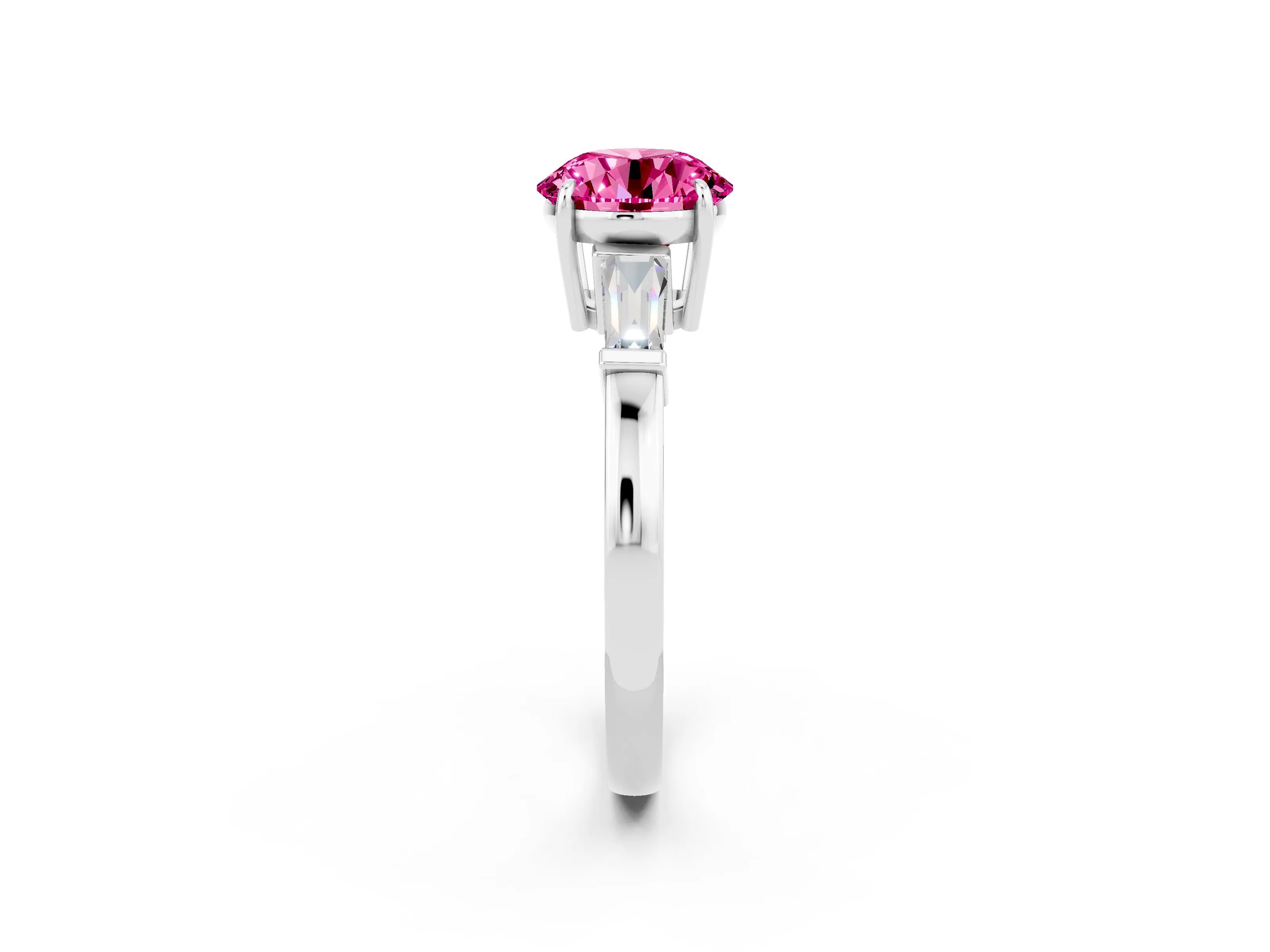 White gold Round Cut Cut Diamond Ring with Tapered Baguette Side Stones in Four-Prong Setting_2