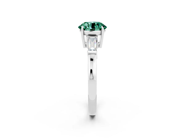 Silver Round Cut Green Sapphire Three-Stone Ring with Tapered Baguette Side Stones and Prong Setting