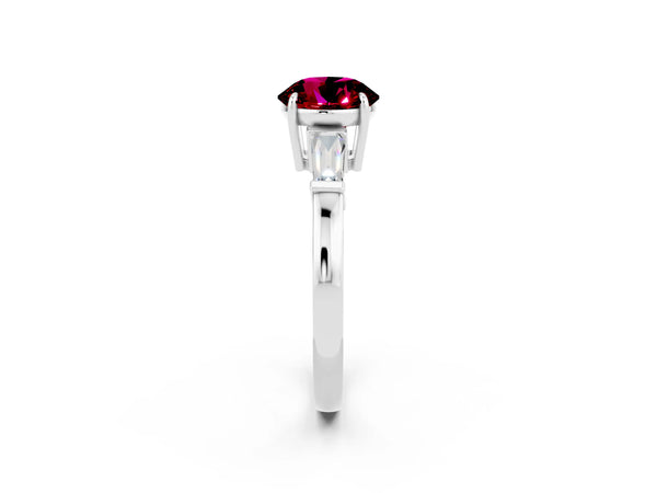 Silver Round Cut Garnet Three-Stone Ring with Tapered Baguette Side Stones and Prong Setting
