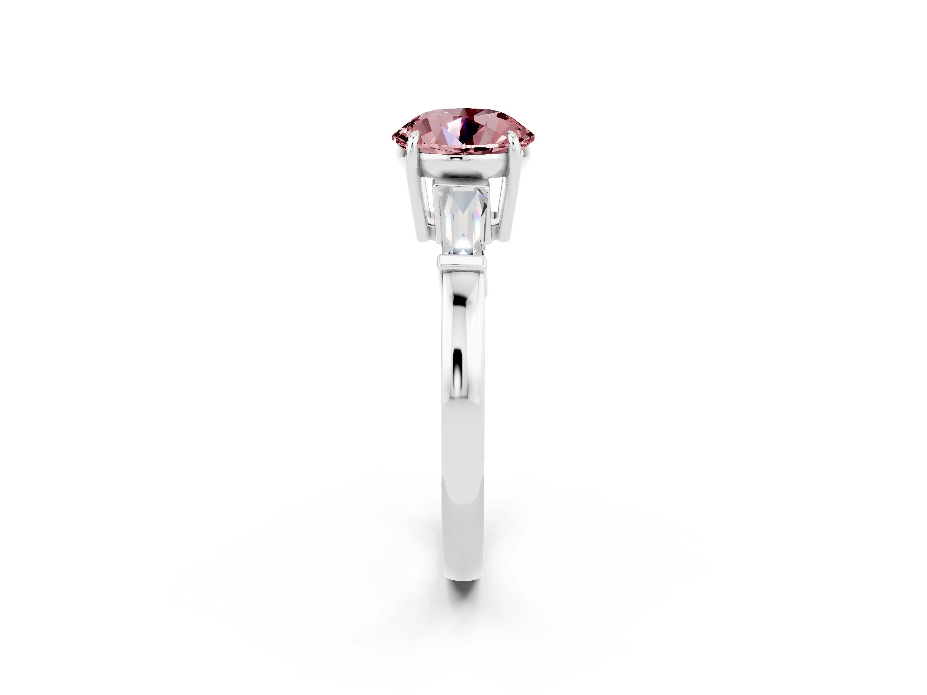 White gold Round Cut Cut Diamond Ring with Tapered Baguette Side Stones in Four-Prong Setting_2