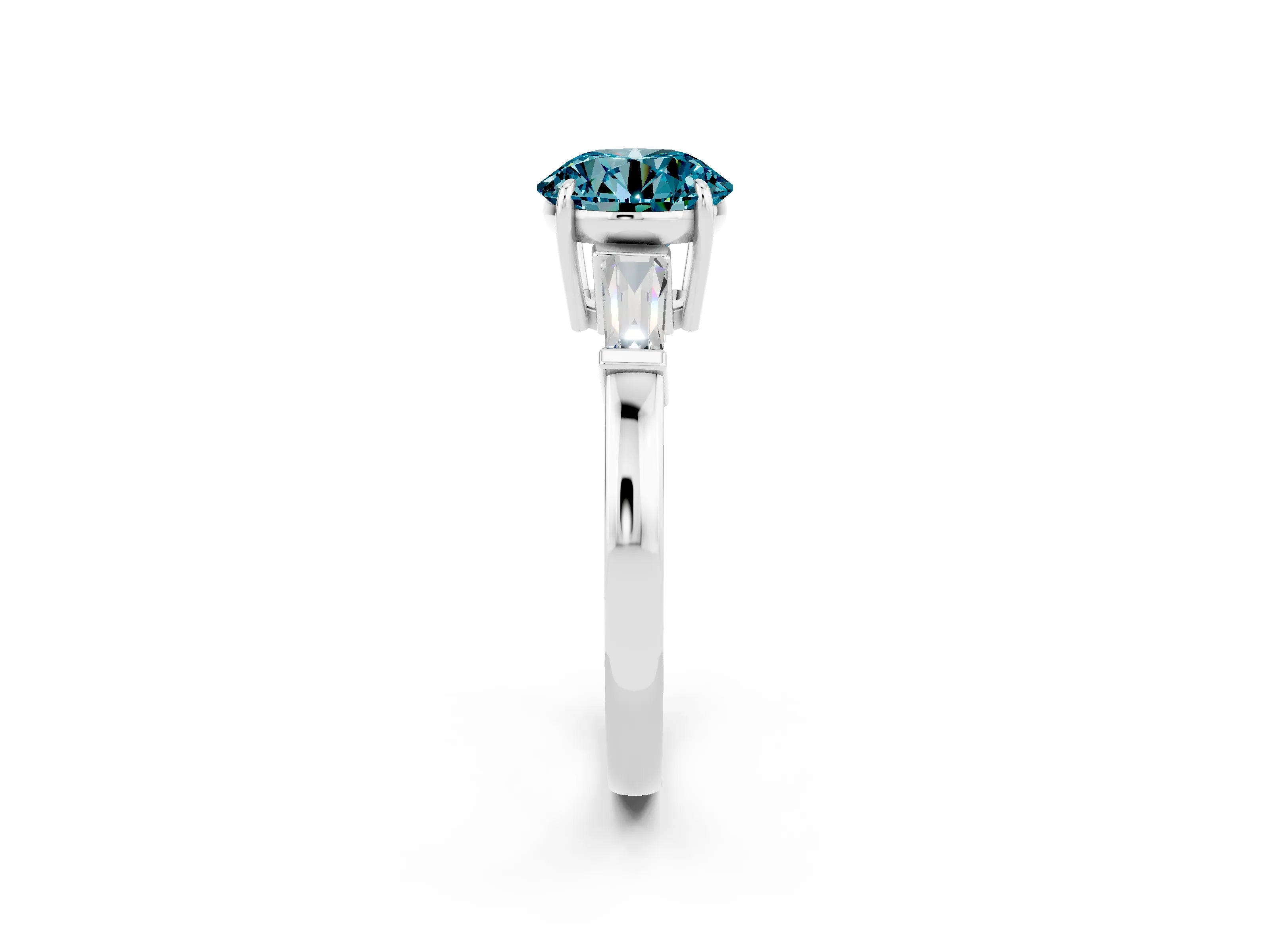 White gold Round Cut Cut Diamond Ring with Tapered Baguette Side Stones in Four-Prong Setting_2