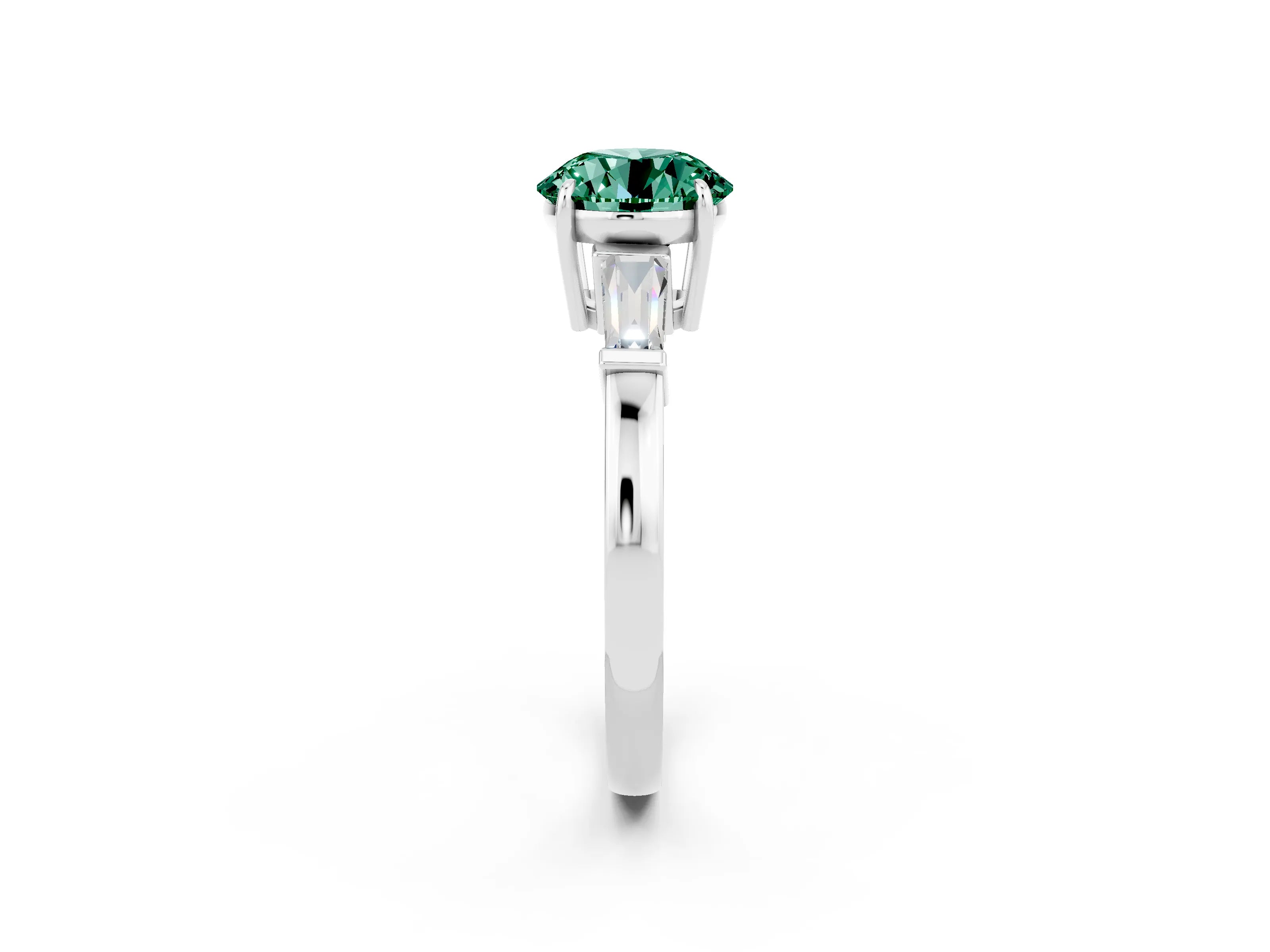 White gold Round Cut Cut Diamond Ring with Tapered Baguette Side Stones in Four-Prong Setting_2