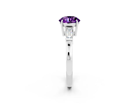 White gold Round Cut Cut Diamond Ring with Tapered Baguette Side Stones in Four-Prong Setting_2