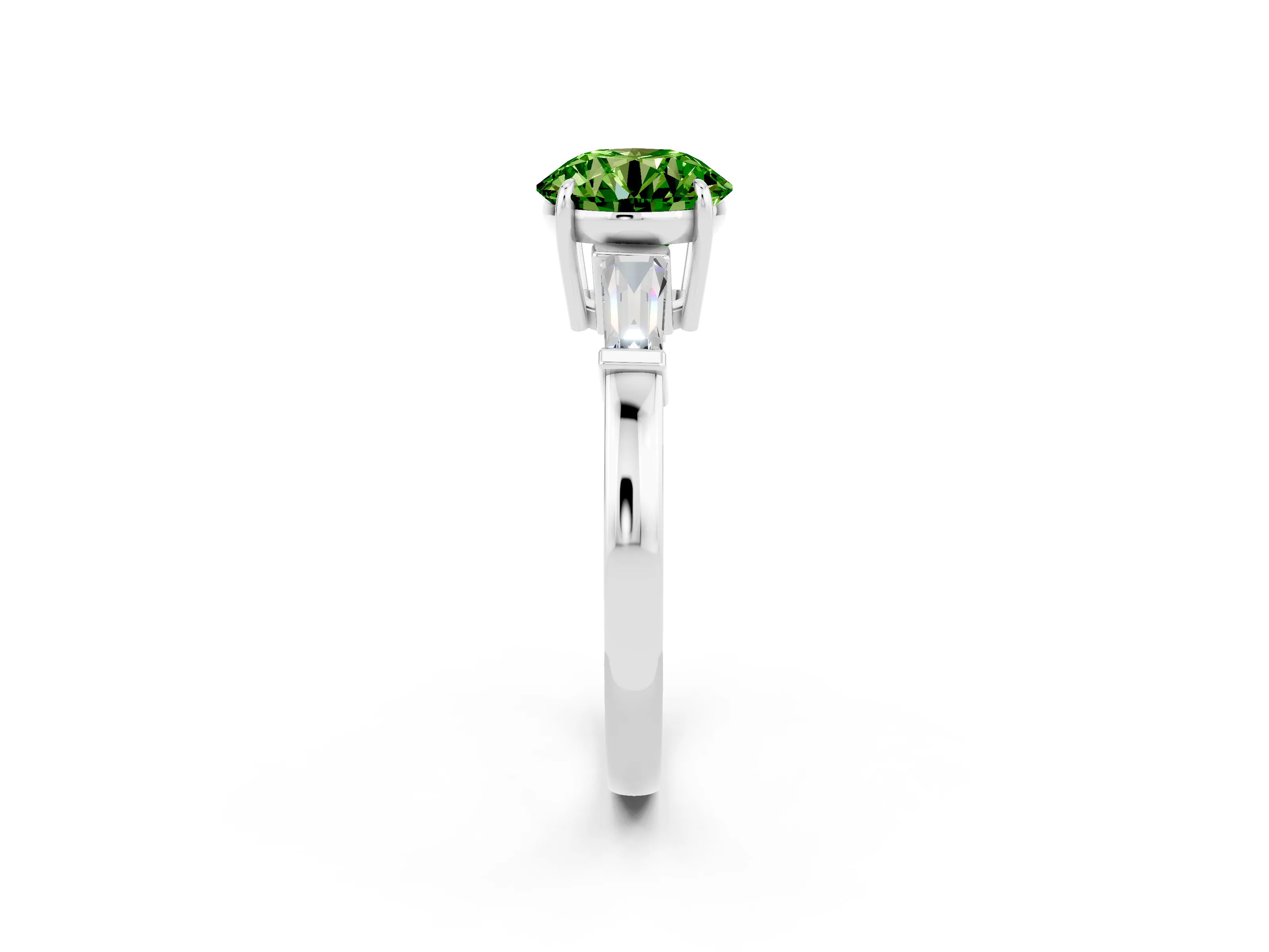 White gold Round Cut Cut Diamond Ring with Tapered Baguette Side Stones in Four-Prong Setting_2