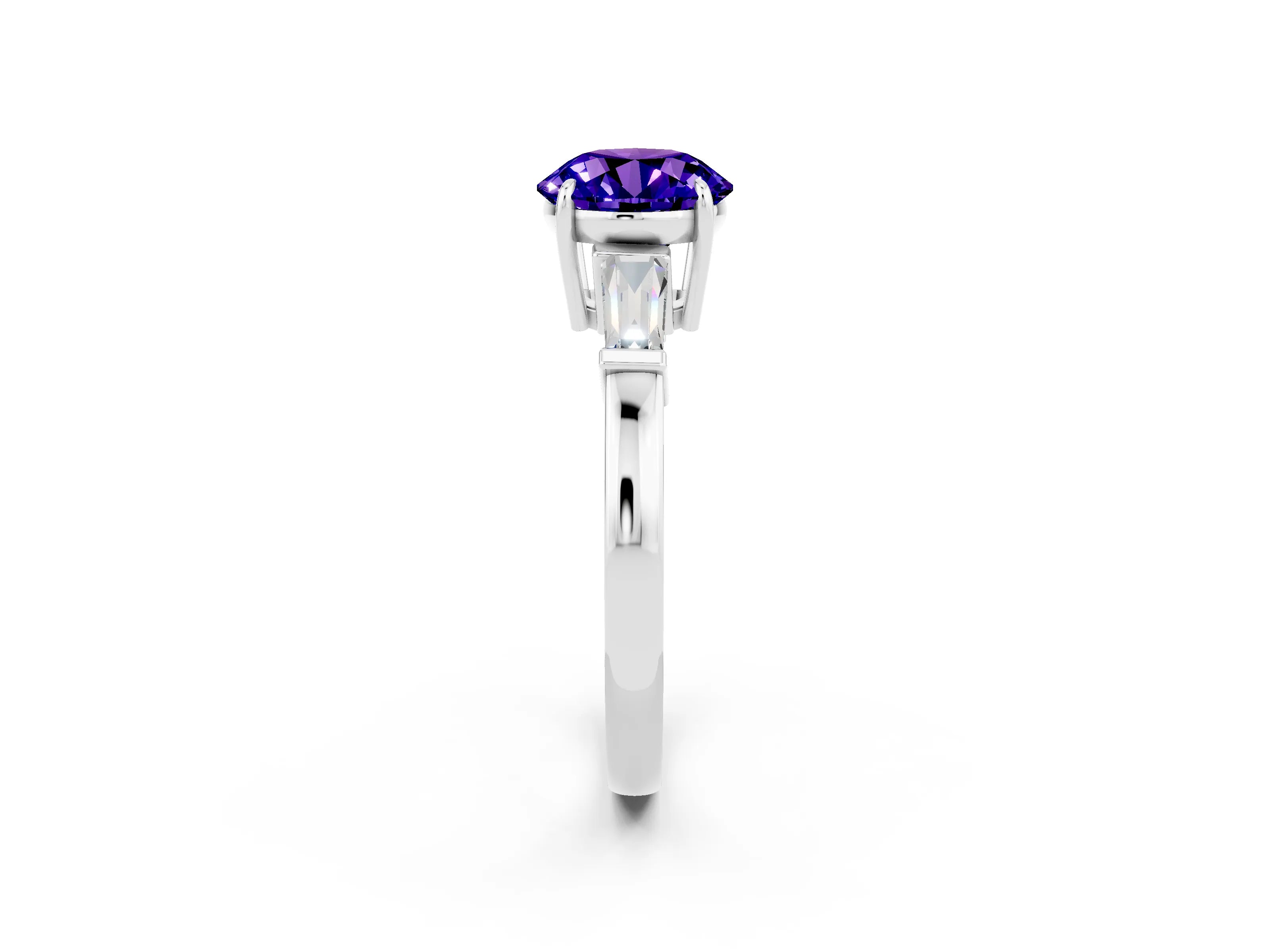 White gold Round Cut Cut Diamond Ring with Tapered Baguette Side Stones in Four-Prong Setting_2