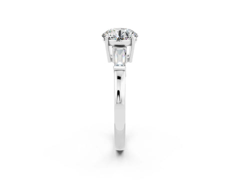 White gold Round Cut Cut Diamond Ring with Tapered Baguette Side Stones in Four-Prong Setting_2
