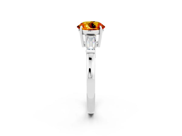 Platinum Round Cut Citrine Three-Stone Ring with Tapered Baguette Side Stones and Prong Setting