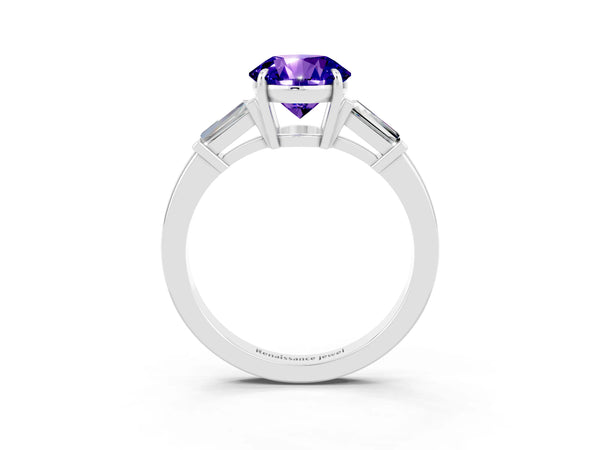 White gold Round Cut Tanzanite Three-Stone Ring with Tapered Baguette Side Stones and Prong Setting