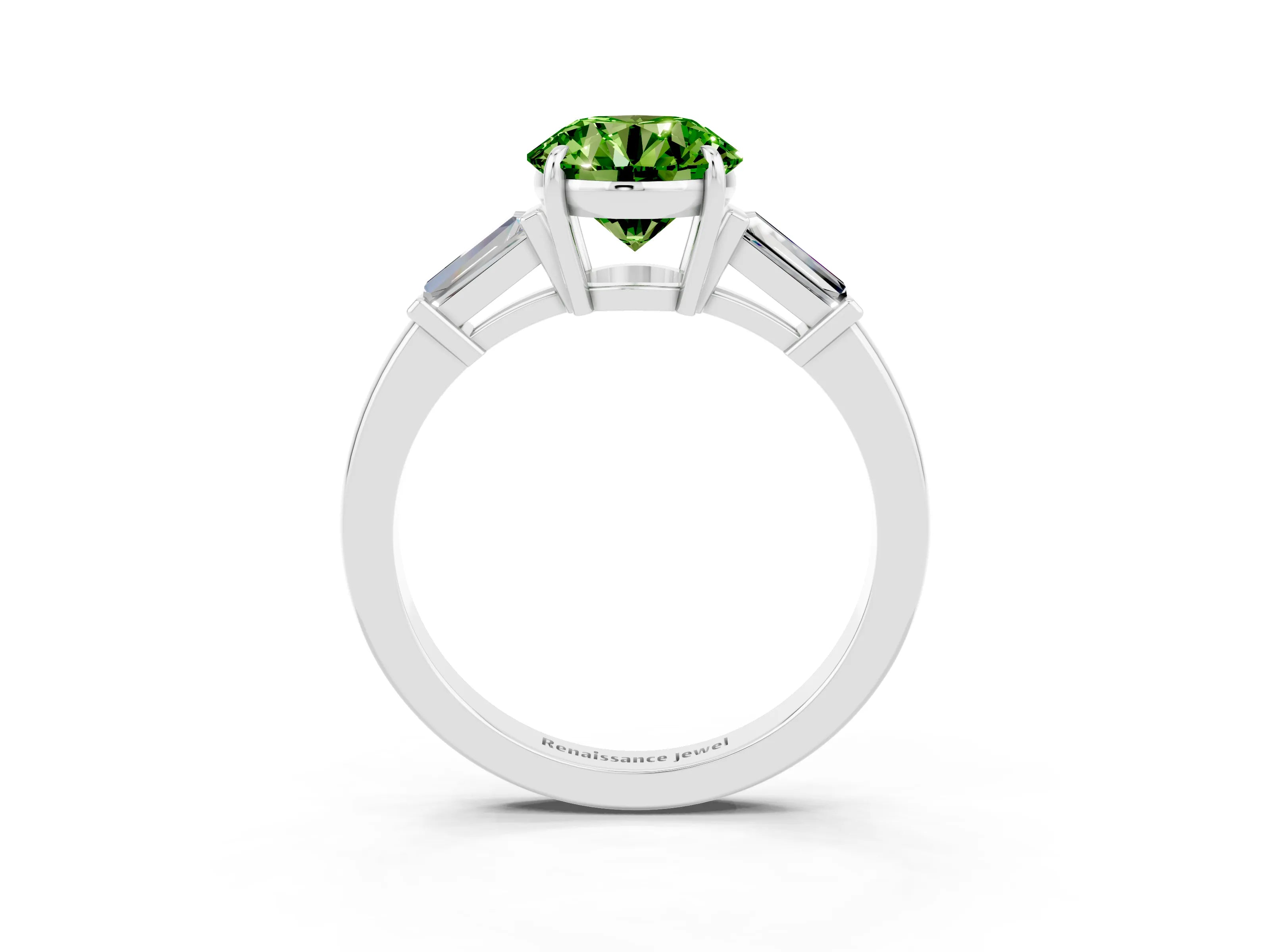 White gold Round Cut Cut Diamond Ring with Tapered Baguette Side Stones in Four-Prong Setting_3