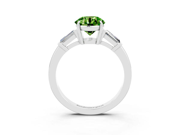 Silver Round Cut Cut Diamond Ring with Tapered Baguette Side Stones in Four-Prong Setting