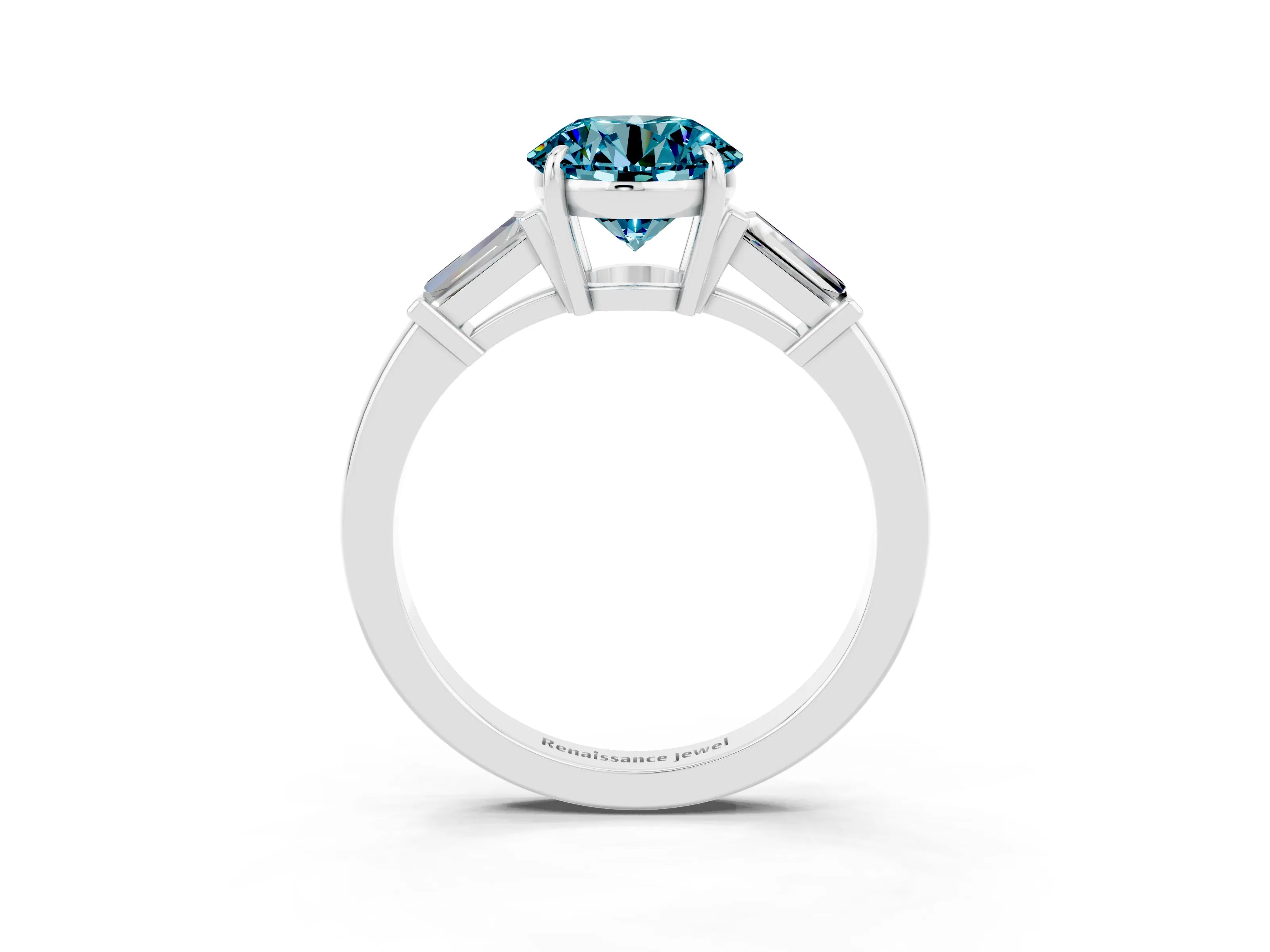 White gold Round Cut Cut Diamond Ring with Tapered Baguette Side Stones in Four-Prong Setting_3