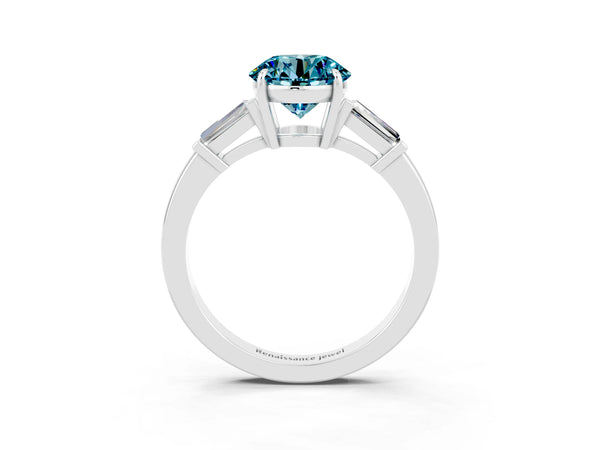 Platinum Round Cut Cut Diamond Ring with Tapered Baguette Side Stones in Four-Prong Setting