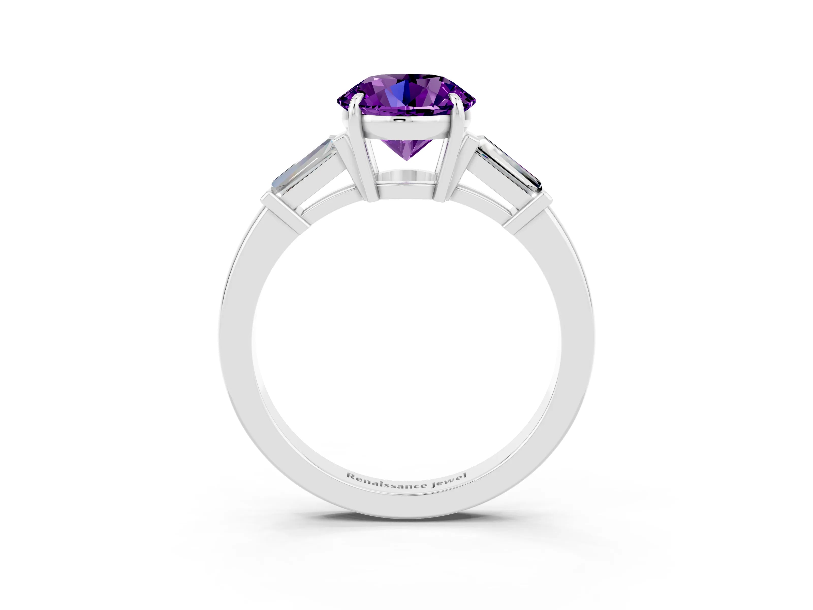 White gold Round Cut Cut Diamond Ring with Tapered Baguette Side Stones in Four-Prong Setting_3
