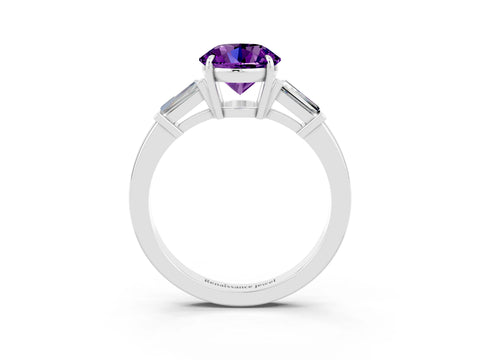 White gold Round Cut Cut Diamond Ring with Tapered Baguette Side Stones in Four-Prong Setting_3