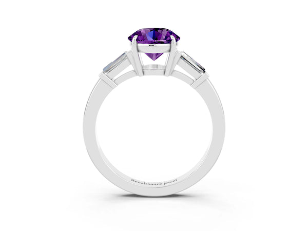 White gold Round Cut Amethyst Three-Stone Ring with Tapered Baguette Side Stones and Prong Setting
