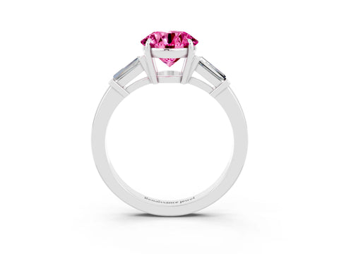 White gold Round Cut Cut Diamond Ring with Tapered Baguette Side Stones in Four-Prong Setting_3