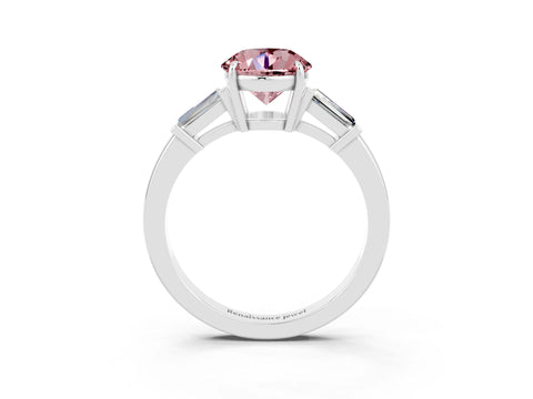 White gold Round Cut Cut Diamond Ring with Tapered Baguette Side Stones in Four-Prong Setting_3