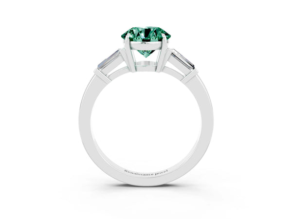Platinum Round Cut Green Sapphire Three-Stone Ring with Tapered Baguette Side Stones and Prong Setting