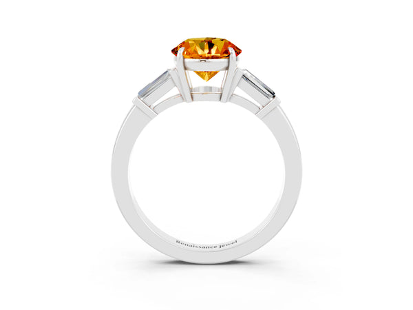 Silver Round Cut Citrine Three-Stone Ring with Tapered Baguette Side Stones and Prong Setting