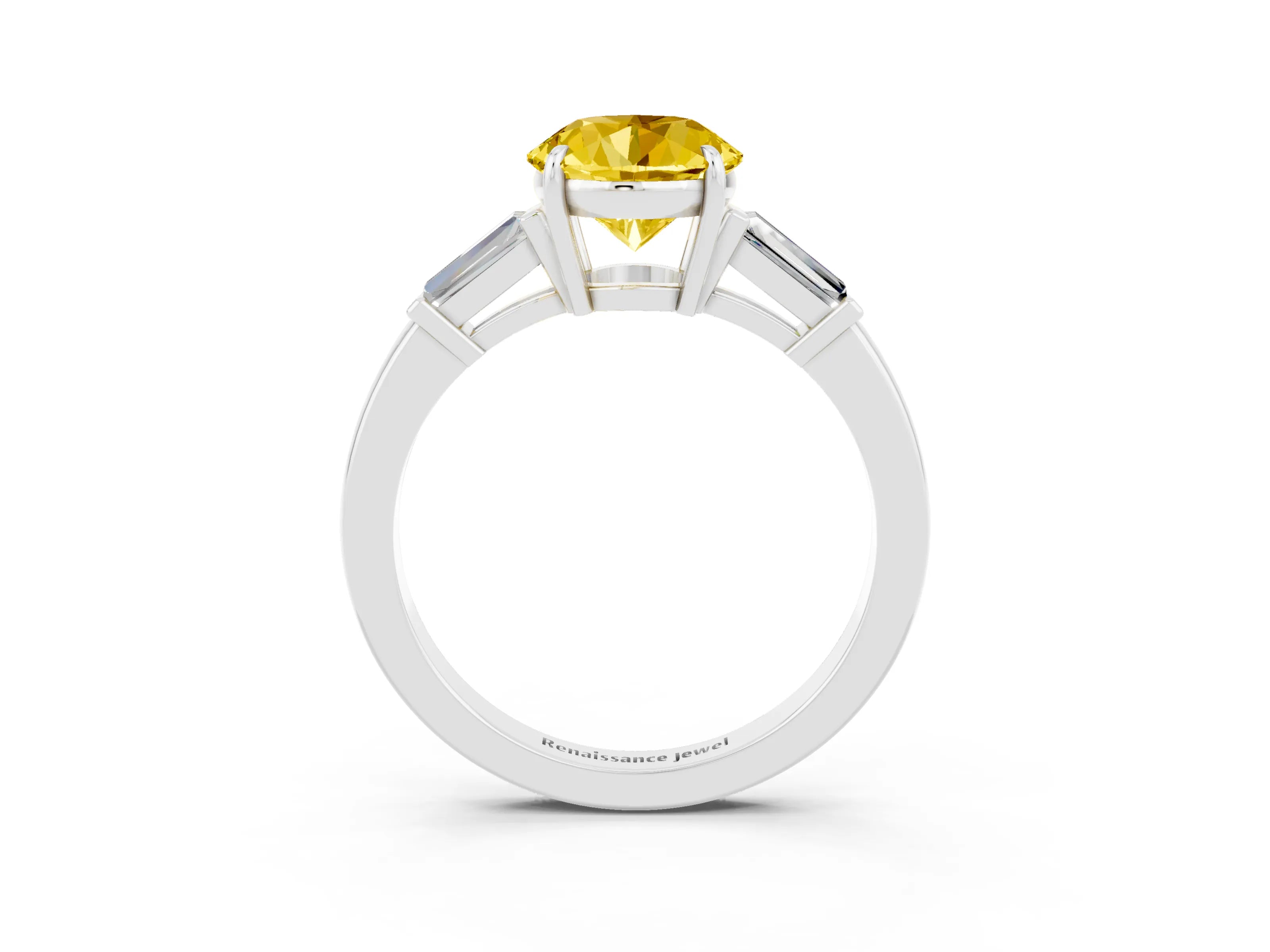 White gold Round Cut Cut Diamond Ring with Tapered Baguette Side Stones in Four-Prong Setting_3
