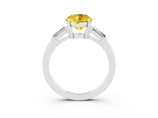 Platinum Round Cut Yellow Sapphire Three-Stone Ring with Tapered Baguette Side Stones and Prong Setting