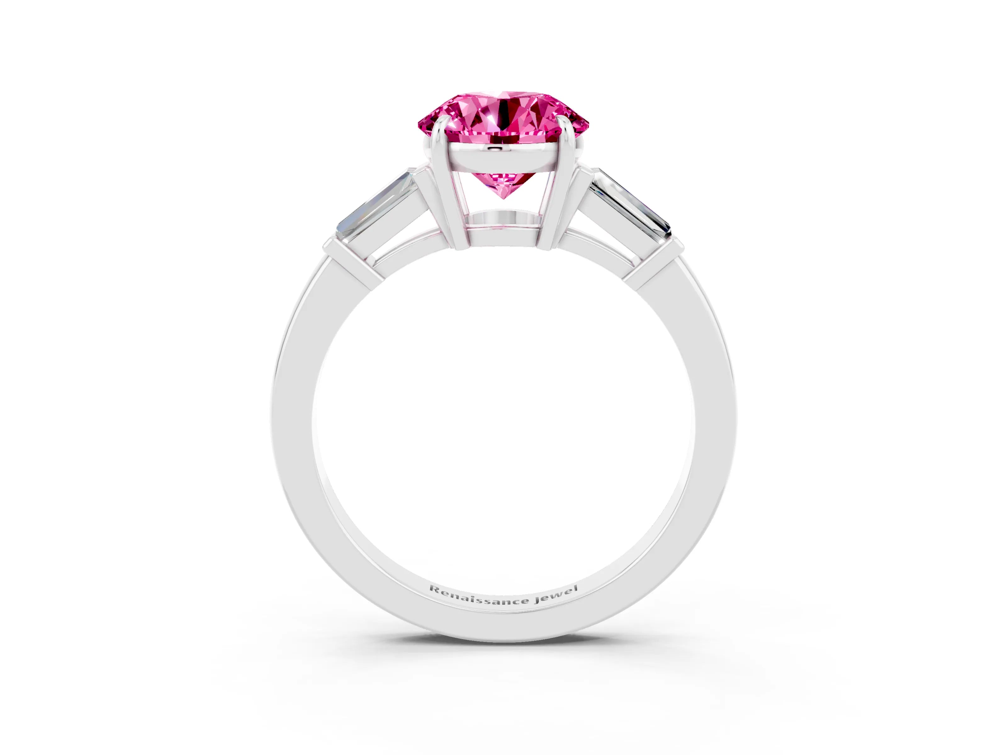 White gold Round Cut Cut Diamond Ring with Tapered Baguette Side Stones in Four-Prong Setting_3