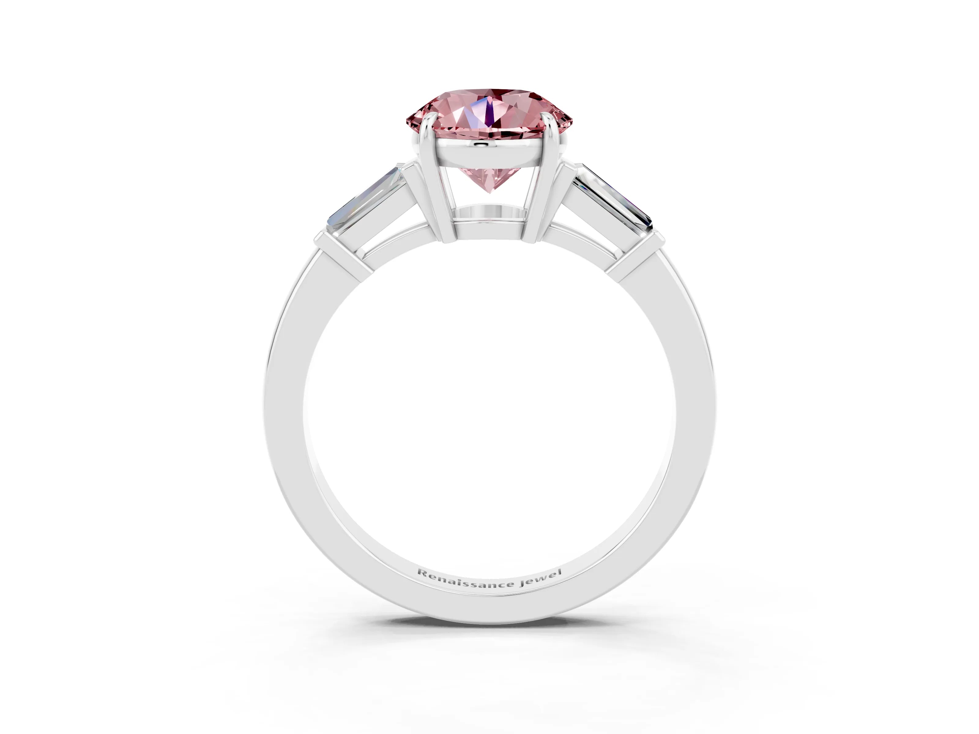 White gold Round Cut Cut Diamond Ring with Tapered Baguette Side Stones in Four-Prong Setting_3