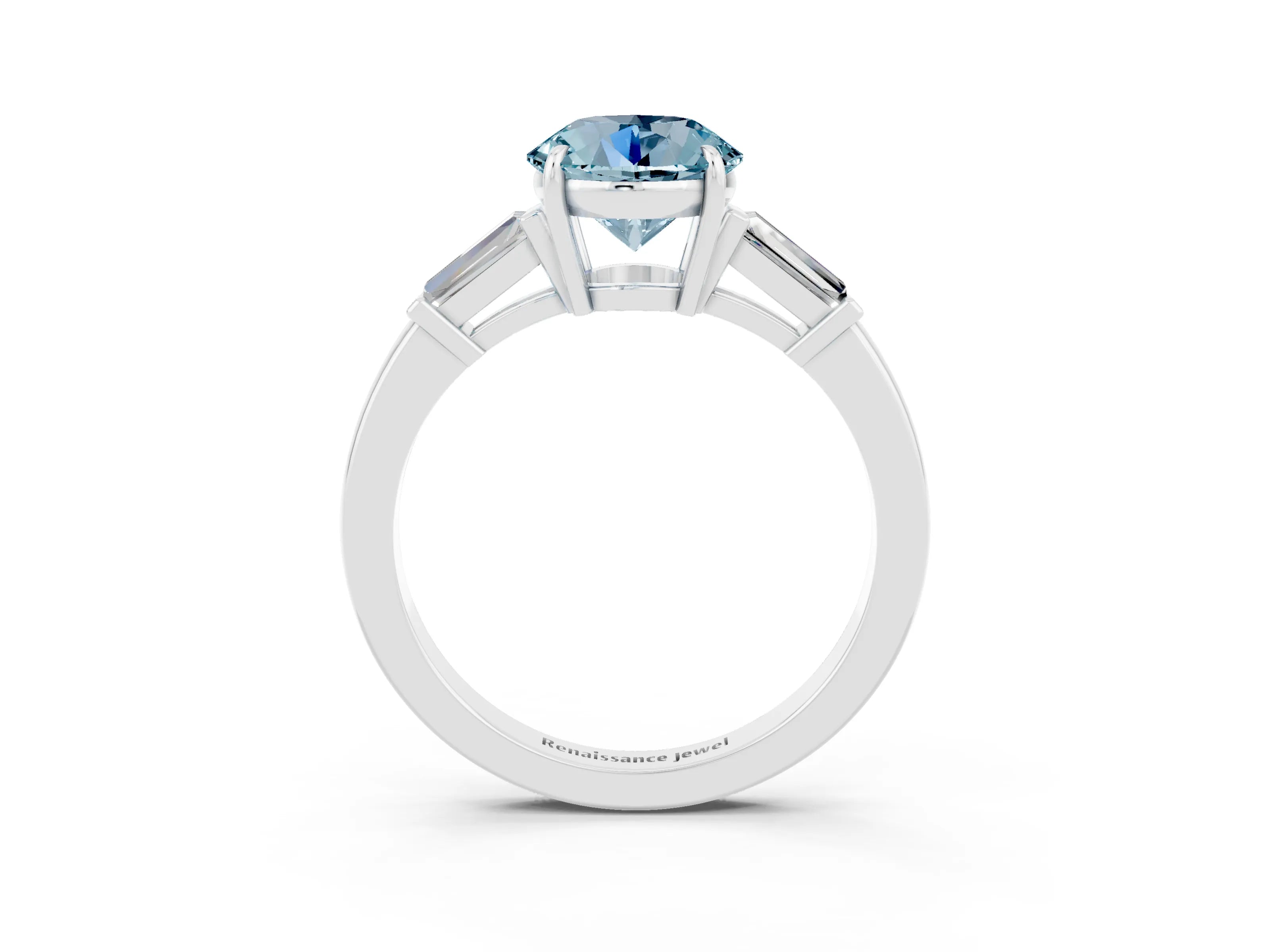 White gold Round Cut Cut Diamond Ring with Tapered Baguette Side Stones in Four-Prong Setting_3