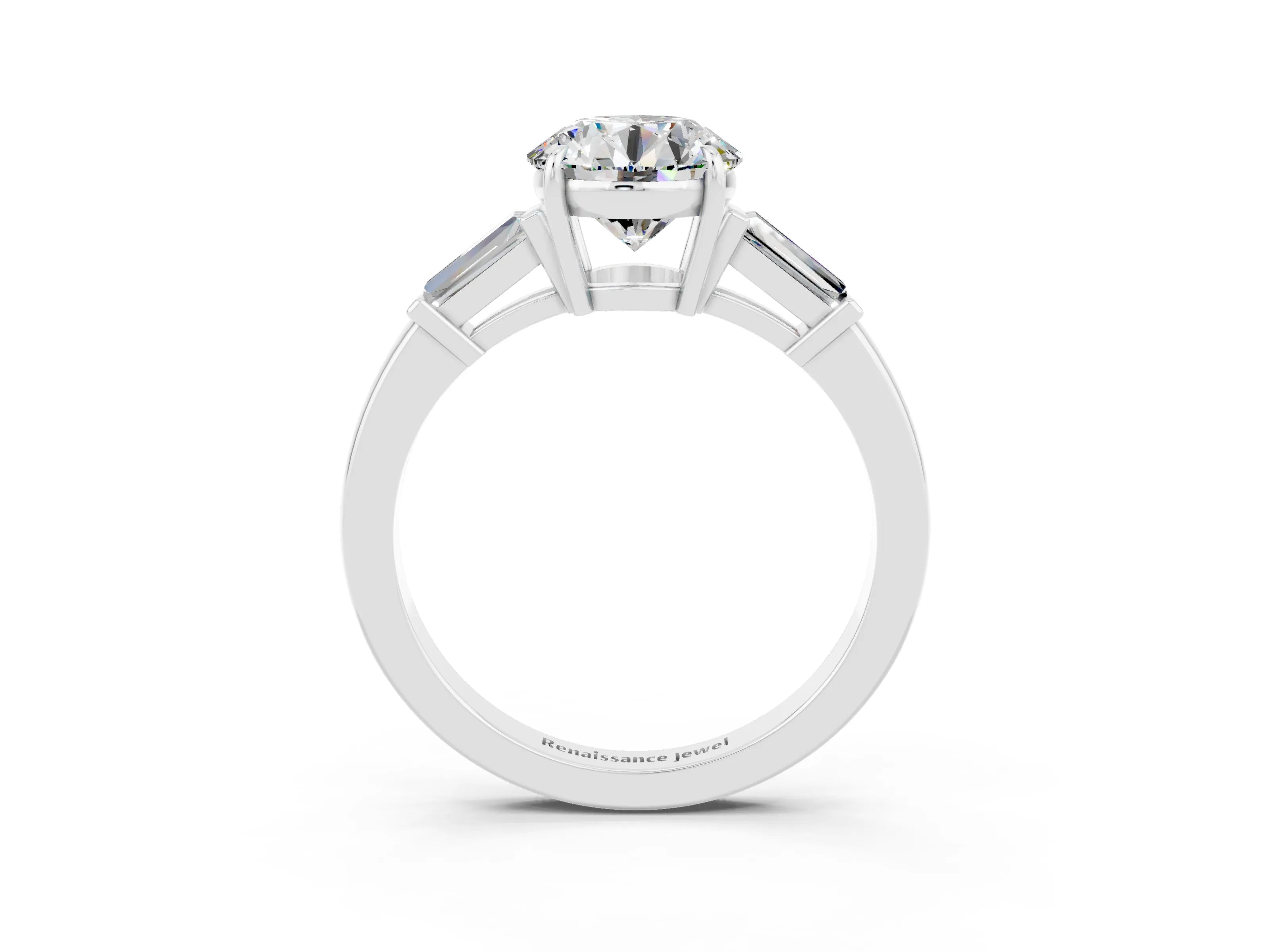 White gold Round Cut Cut Diamond Ring with Tapered Baguette Side Stones in Four-Prong Setting_3