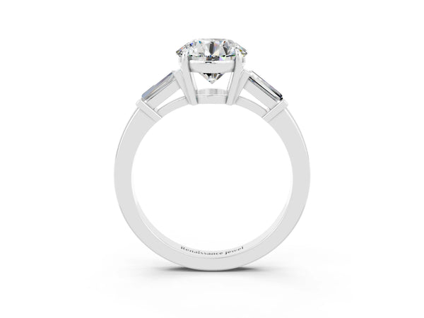 White gold Round Cut Moissanite Three-Stone Ring with Tapered Baguette Side Stones and Prong Setting