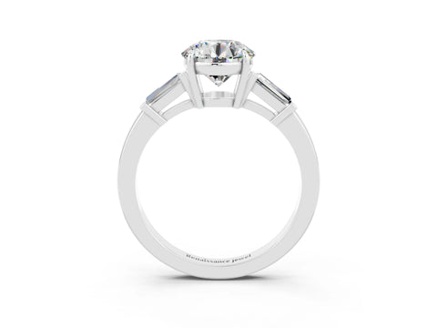 White gold Round Cut Cut Diamond Ring with Tapered Baguette Side Stones in Four-Prong Setting_3