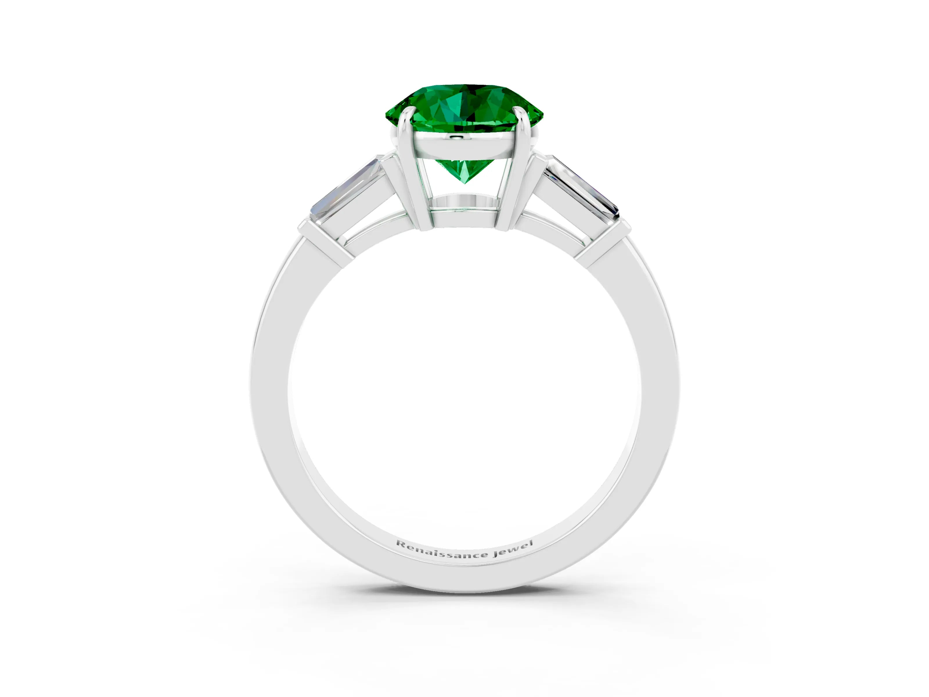 White gold Round Cut Cut Diamond Ring with Tapered Baguette Side Stones in Four-Prong Setting_3