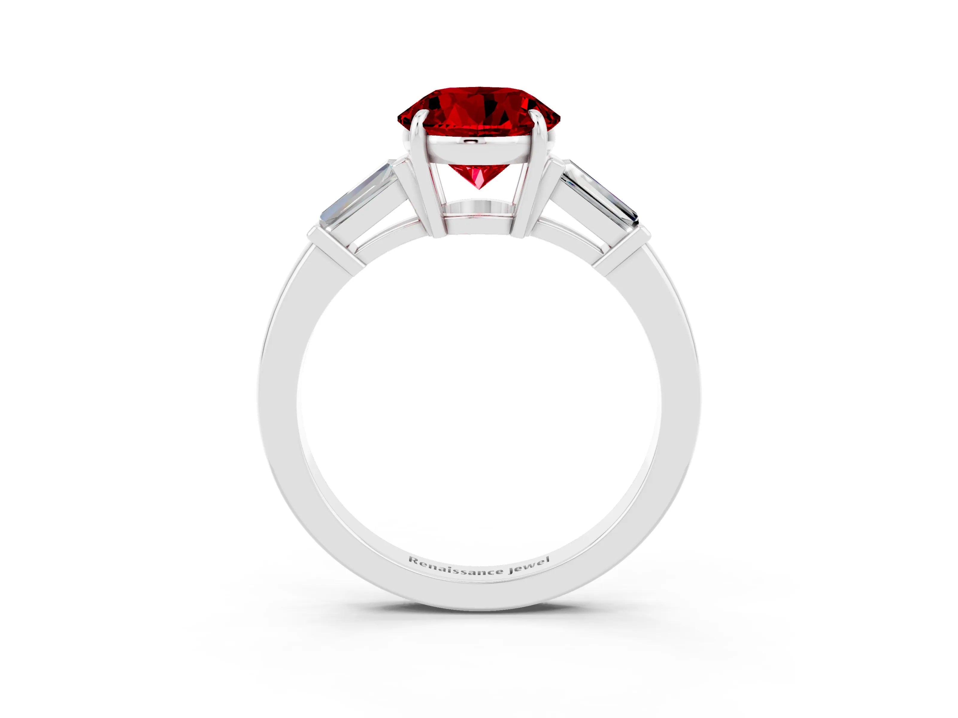 White gold Round Cut Cut Diamond Ring with Tapered Baguette Side Stones in Four-Prong Setting_3