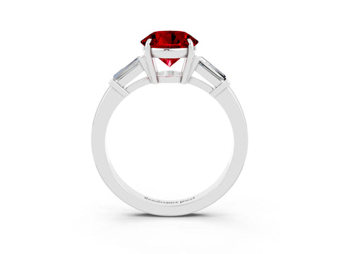 White gold Round Cut Cut Diamond Ring with Tapered Baguette Side Stones in Four-Prong Setting_3