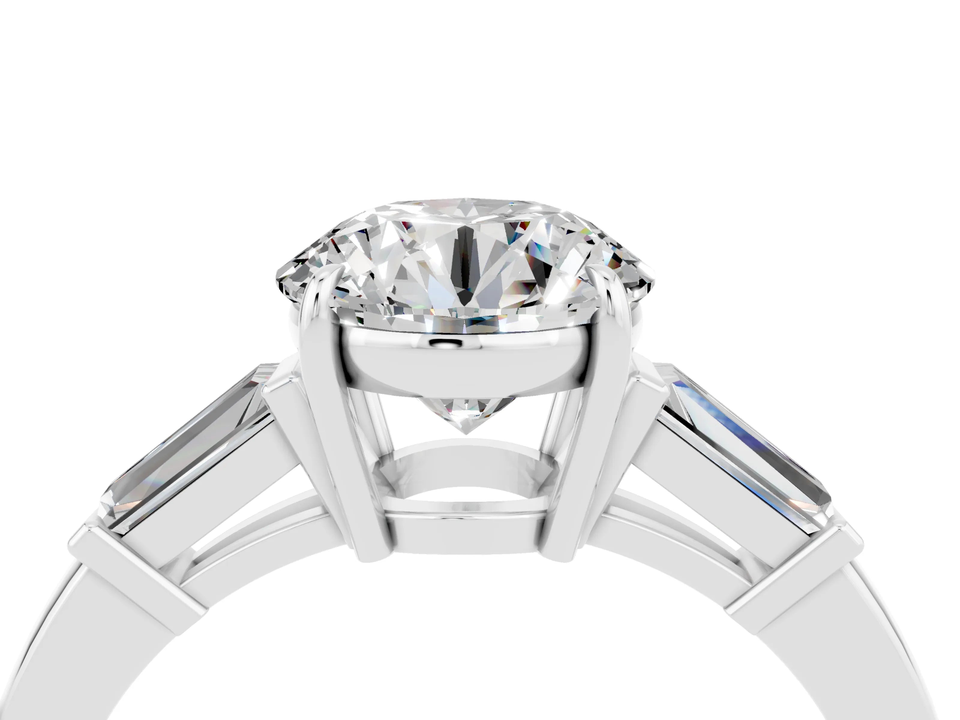 White gold Round Cut Cut Diamond Ring with Tapered Baguette Side Stones in Four-Prong Setting_4